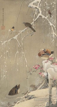  Jakuchu Art Painting - willow tree and mandarin ducks in the snow Ito Jakuchu Japanese